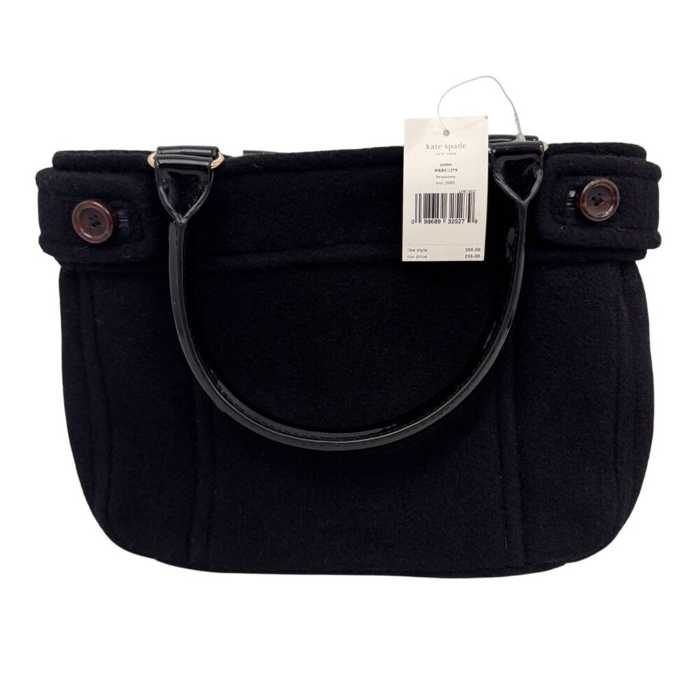 NWT Kate Spade Black Wool Button Tote Bag With Patent Leather Handles & Lined In - Picture 2 of 11